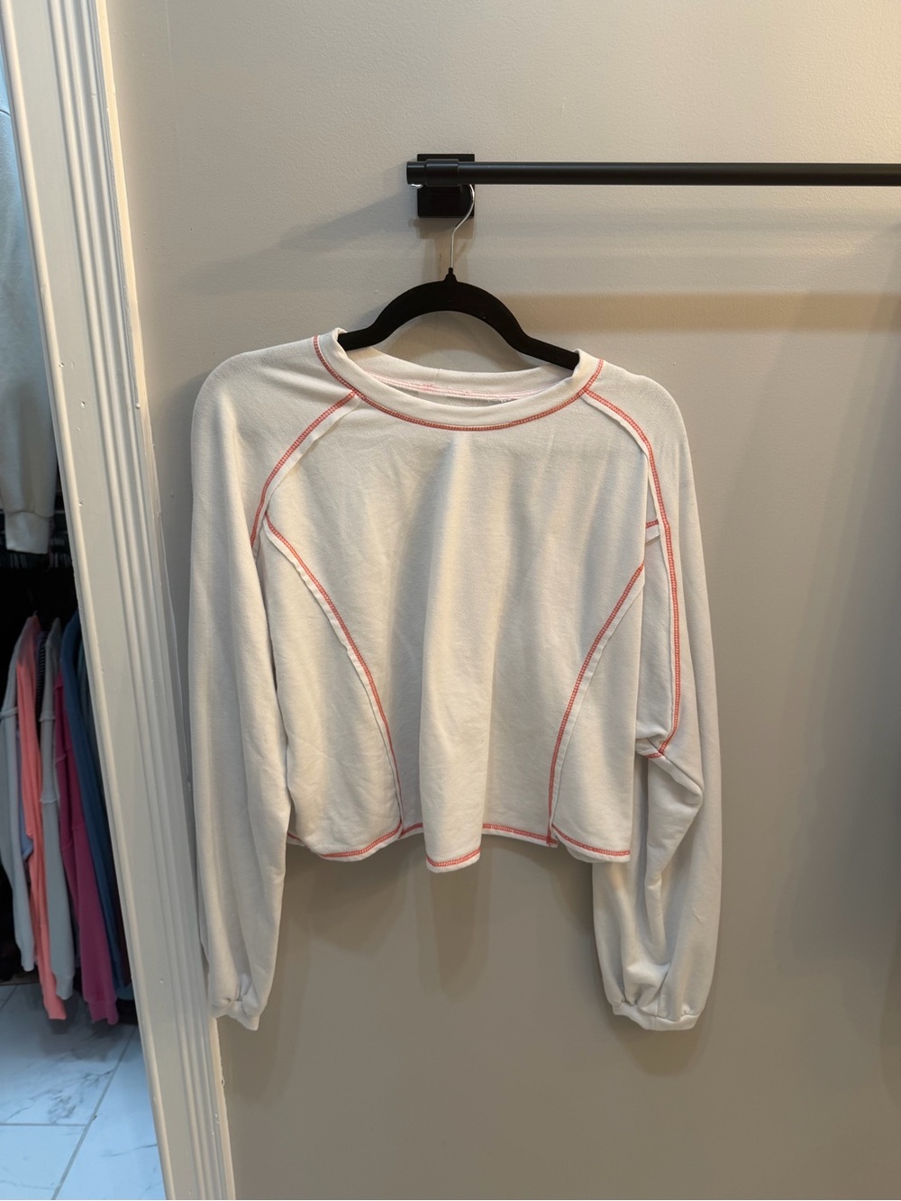 As Revival Cropped White Sweatshirt with red Contrast Stitching